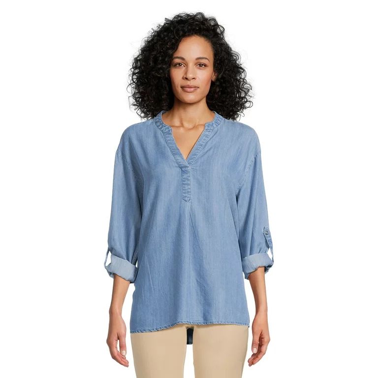 Time and Tru Women's Split Neck Tunic Top with Roll Cuff Sleeves, Sizes XS-XXXL | Walmart (US)