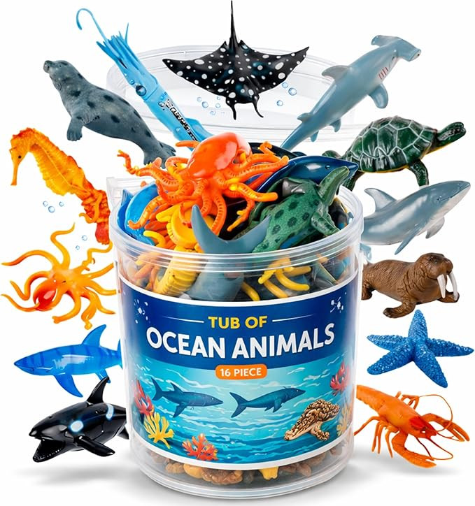 Liberty Imports Bucket of Ocean Sea Animals Toys - 16 PCS Large Underwater Deep Sea Creaures, Rea... | Amazon (US)