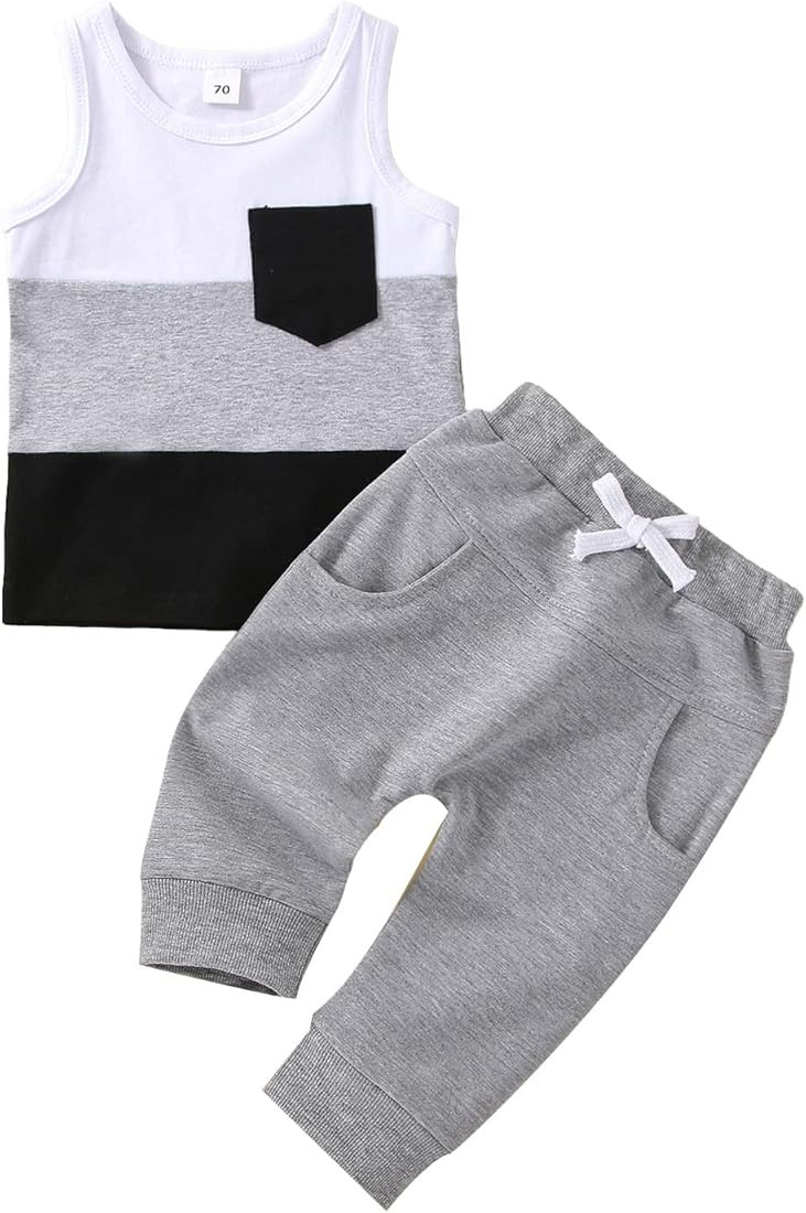 Toddler Infant Baby Boy Summer Clothes Sleeveless Striped Tank Tops T Shirt and Solid Pants Outfi... | Amazon (US)