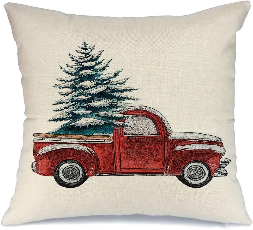 AENEY Farmhouse Christmas Pillow Cover 18x18 inch for Christmas Decor Christmas Tree Truck Throw ... | Amazon (US)