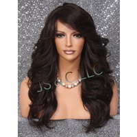 Dark Brown Human Hair Blend Long Full Heat Ok Wavy Wig Romantic Feathered Sides Bangs Layers Cancer/Alopecia/Cosplay Active | Etsy (US)