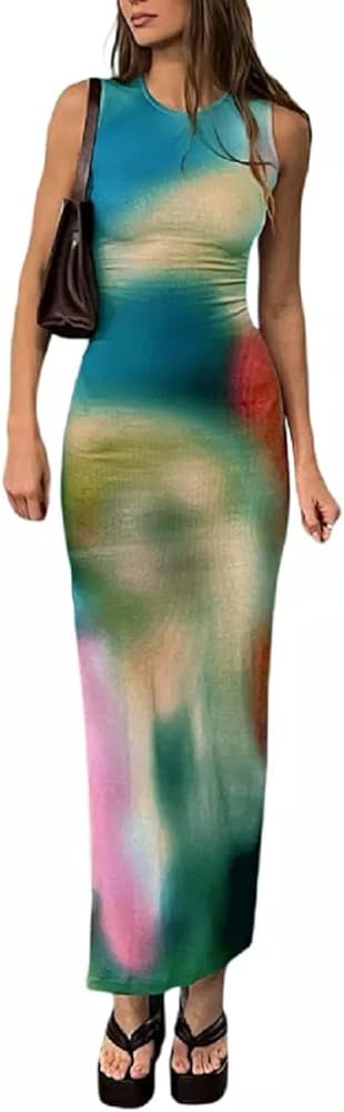 Women Y2k Tie Dye Tank Dress Sleeveless Bodycon Long Dresses Printed Slim Fit Summer Maxi Dress S... | Amazon (US)