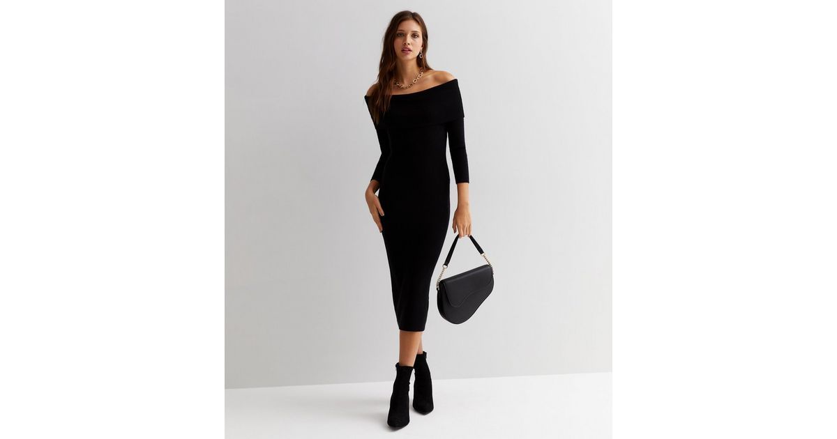 Black Ribbed Knit Bardot Long Sleeve Midi Bodycon Dress | New Look | New Look (UK)