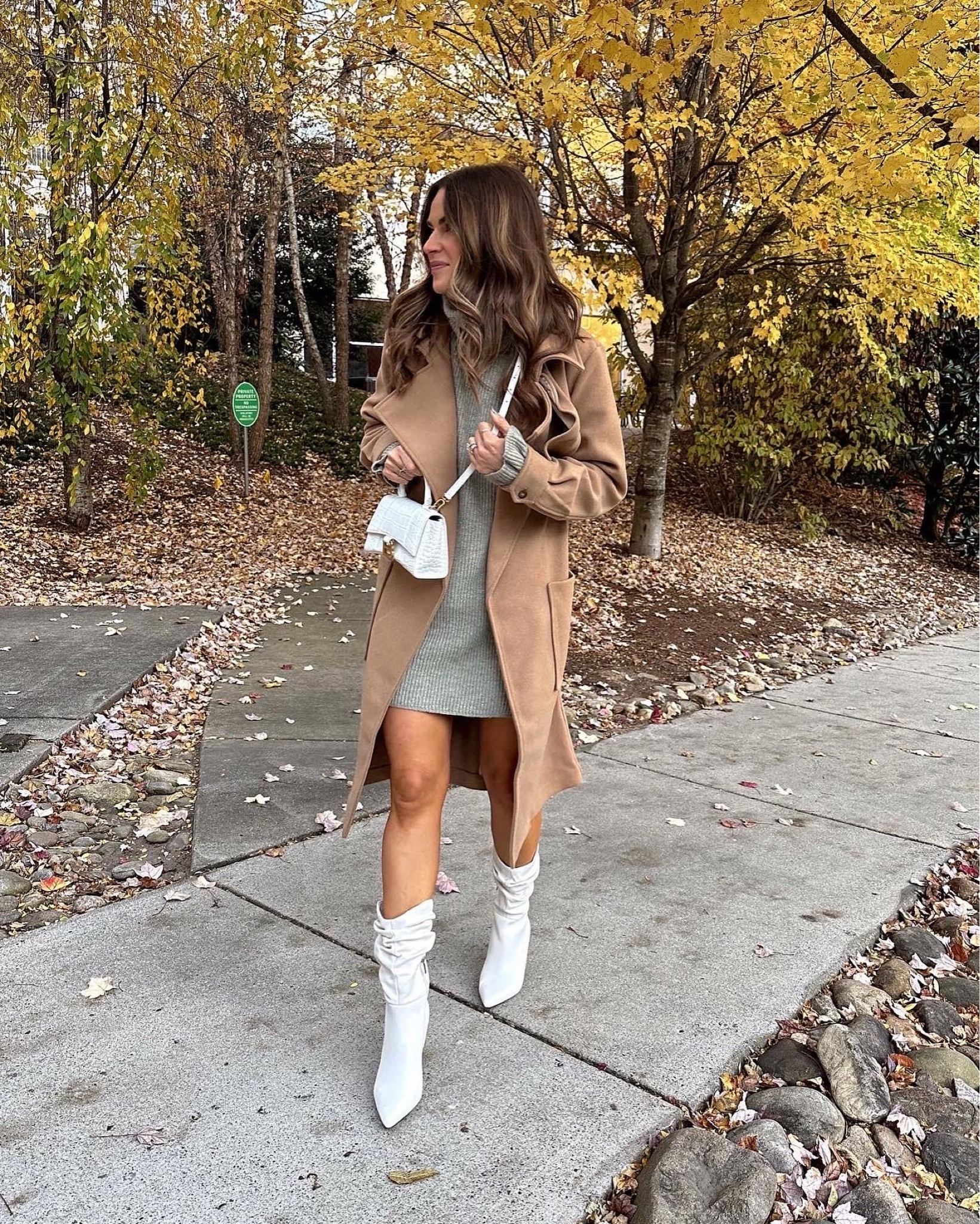 Love this look! I have this sweater in 2 colors - it's so good. Wearing a S in everything! Booties fit TTS // fall outfit, winter outfit, winter coat, sweater dress, sweater dress outfit, neutral outfit, neautral fall outfit, winter fashion, winter style