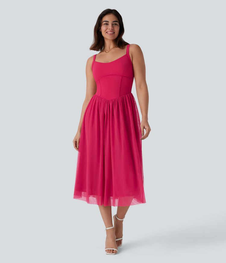 Women’s Backless Corset Contrast Mesh Midi Bridesmaid and Wedding Guest Dress - Halara | HALARA