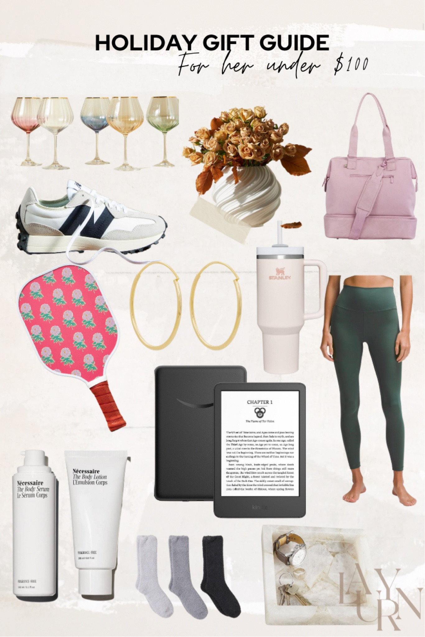 Holiday Gift guide! Gifts for her under $100! 

Christmas gifts // barefoot dreams // Stanley // beis // Lululemon // new balance // glassware // lotion // earrings // vase 