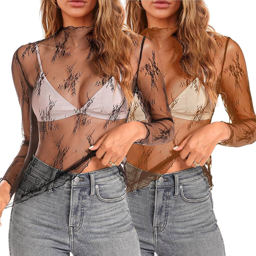 Aoulaydo lace Long Sleeve top for Women mesh Layering top Mock Neck Floral See Through Tops | Amazon (US)