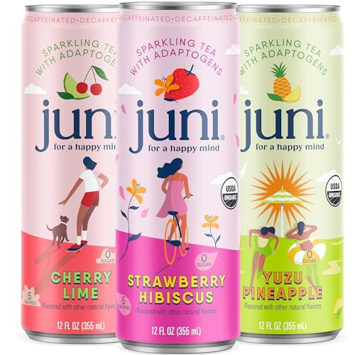 Juni Sparkling Adaptogen Drink with Ashwagandha, Lion’s Mane & Reishi Mushrooms | Green Tea for Focus, Zero Sugar, 5 Calories | Decaffeinated, Non Alcoholic Drinks – Variety Pack (12 Pack) | Amazon (US)