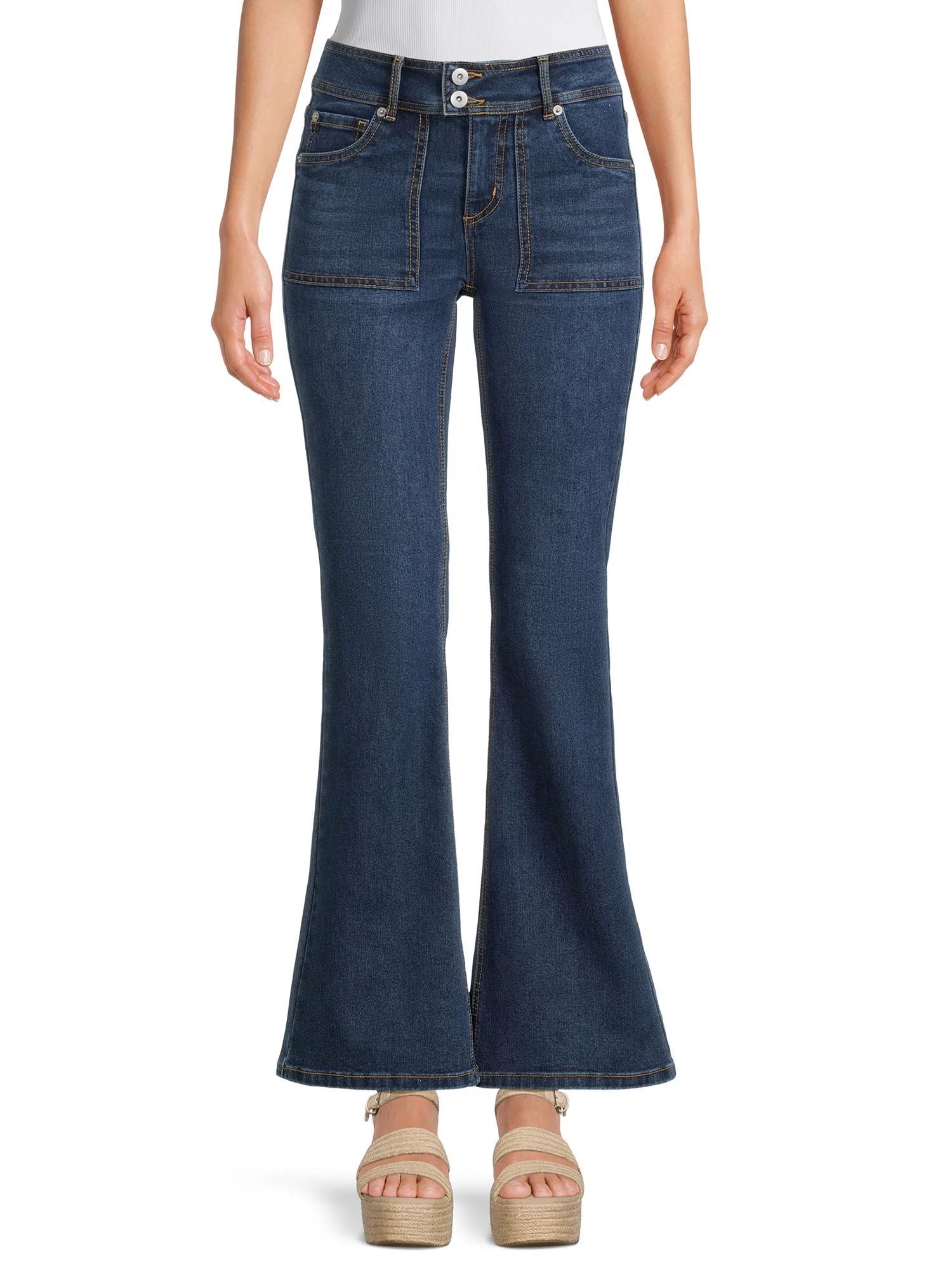 No Boundaries Juniors' Low Rise Extended Tab Flare Jeans, Sizes 1-21 | Walmart (US)