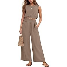 Amazon.com: GRECERELLE Two Piece Sets for Women Sleeveless Crop Top Wide Leg Pants Sweat Set for ... | Amazon (US)