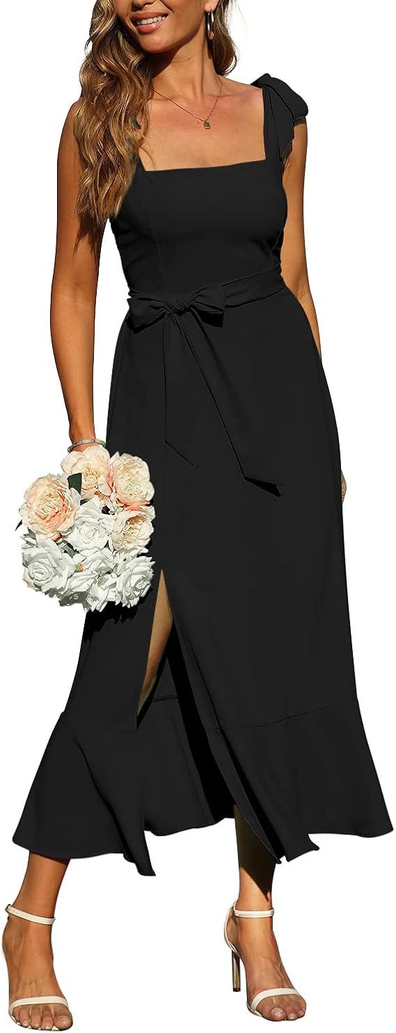 Women's Elegant Midi Dresses for Wedding Guest Square Neck Ruffle Split Formal Bridesmaid Dresses... | Amazon (US)