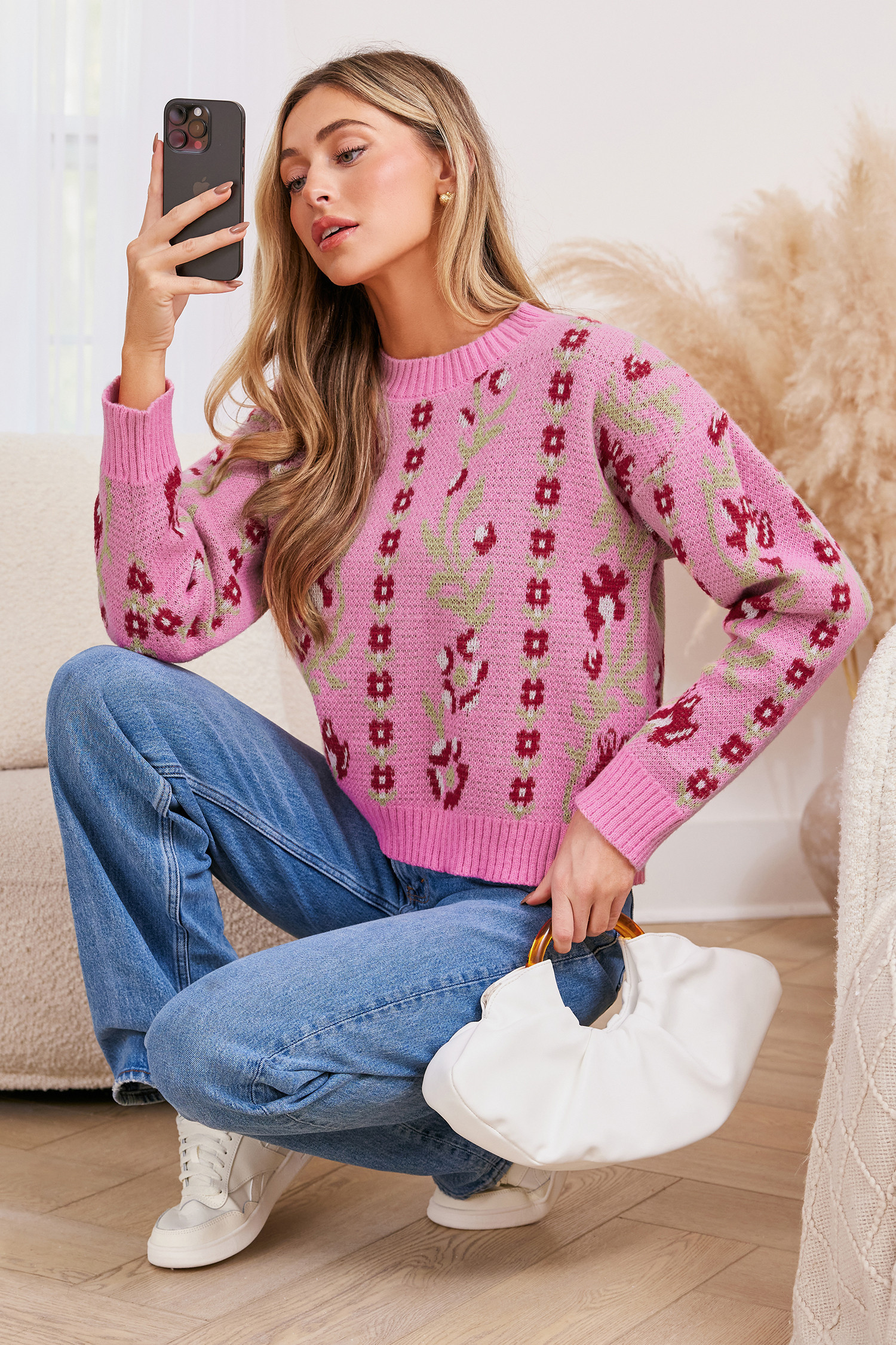 Pink Floral Long Sleeve Sweater - M | Cupshe US