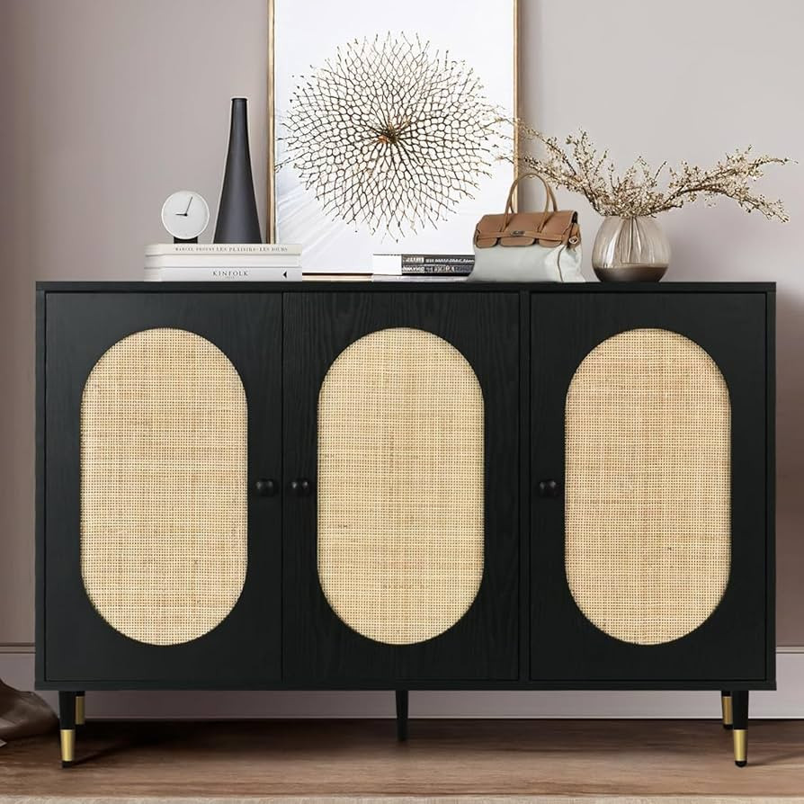 Rattan Sideboard Buffet Cabinet, Rattan 3 Doors Buffet Cabinet with Storage, 47'' Sideboard Stora... | Amazon (US)