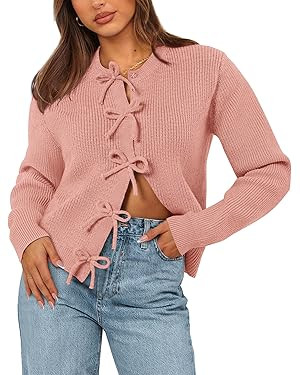 BTFBM Cardigan Sweaters for Women Trendy 2025 Fall Open Front Long Sleeve Button Down Bow Knot Cr... | Amazon (US)