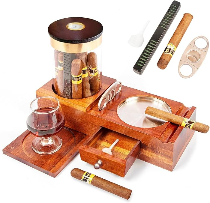 KING'S PALACE 20-Cigar Humidor and Ashtray Set & Cutter | Solid Wood Desktop Box with Humidifier,... | Amazon (US)