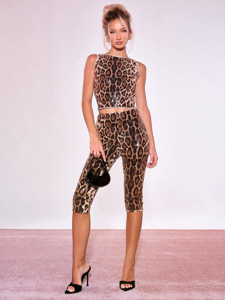 MUSERA Leopard Print Sequins Capri Pants Spring Summer 90's Ibiza, Holiday, Club Belles | SHEIN