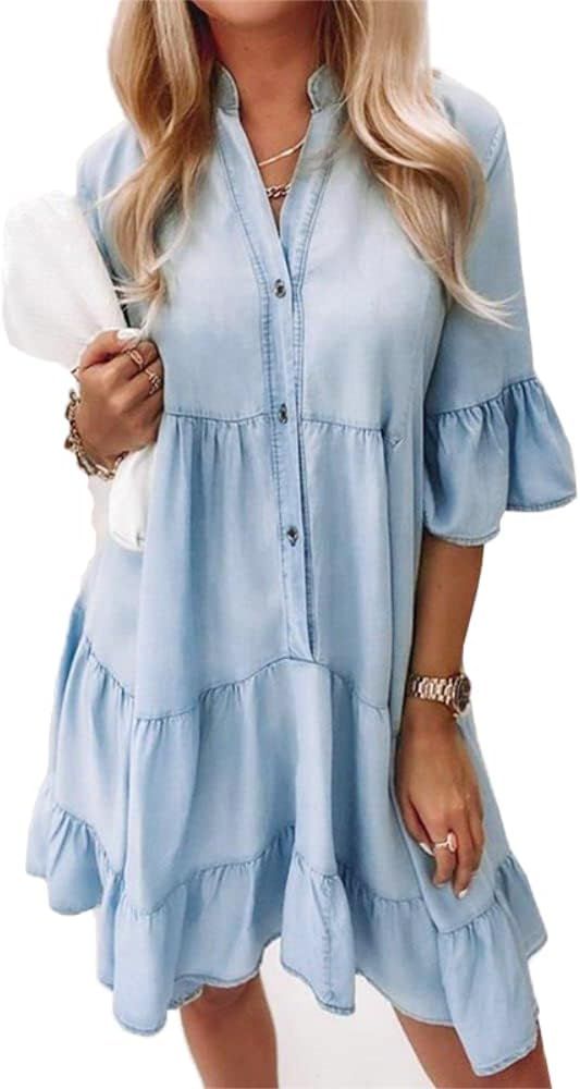 Huntarry Women's Summer Babydoll Dress Denim Dress V Neck Ruffle Short Sleeve Button Down Flowy L... | Amazon (US)