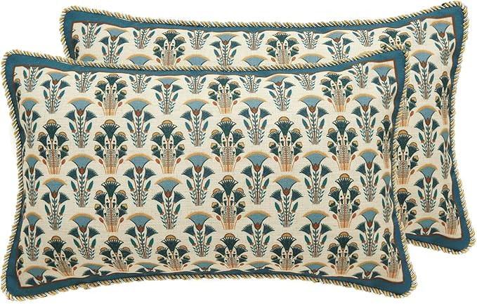 patdrea Designer Rectangle Throw Pillow Covers Set of 2,Rustic Vintage Blue Linen with Floral Pat... | Amazon (US)