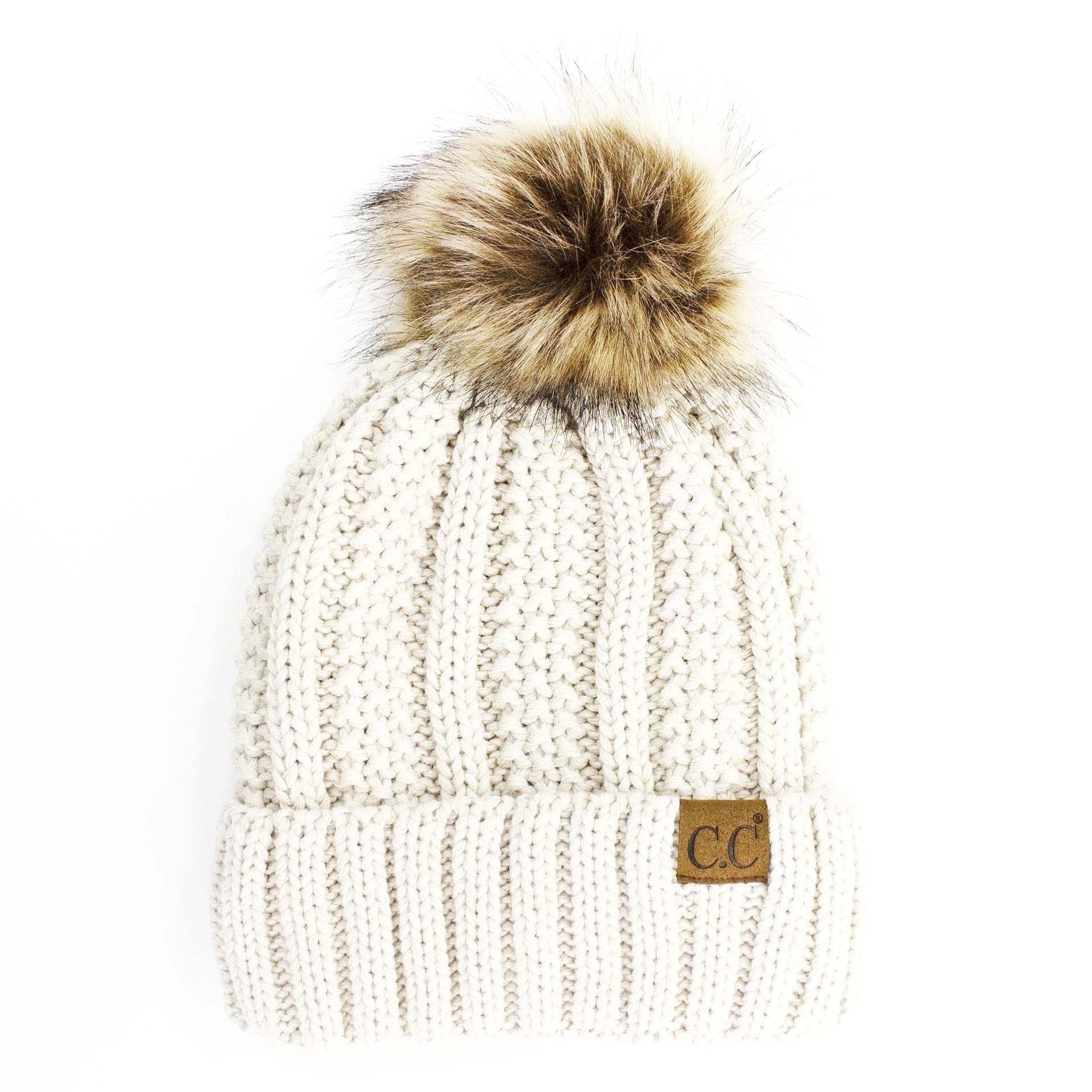 C.C Pom Thick Beanie Sherpa Lined Knit Cap, White | Walmart (US)