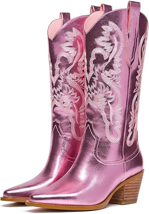 Women's Cowboy Boots Metallic Mid Calf Cowgirl Boots Wide Calf Western Embroidered Sparkly Paty B... | Amazon (US)