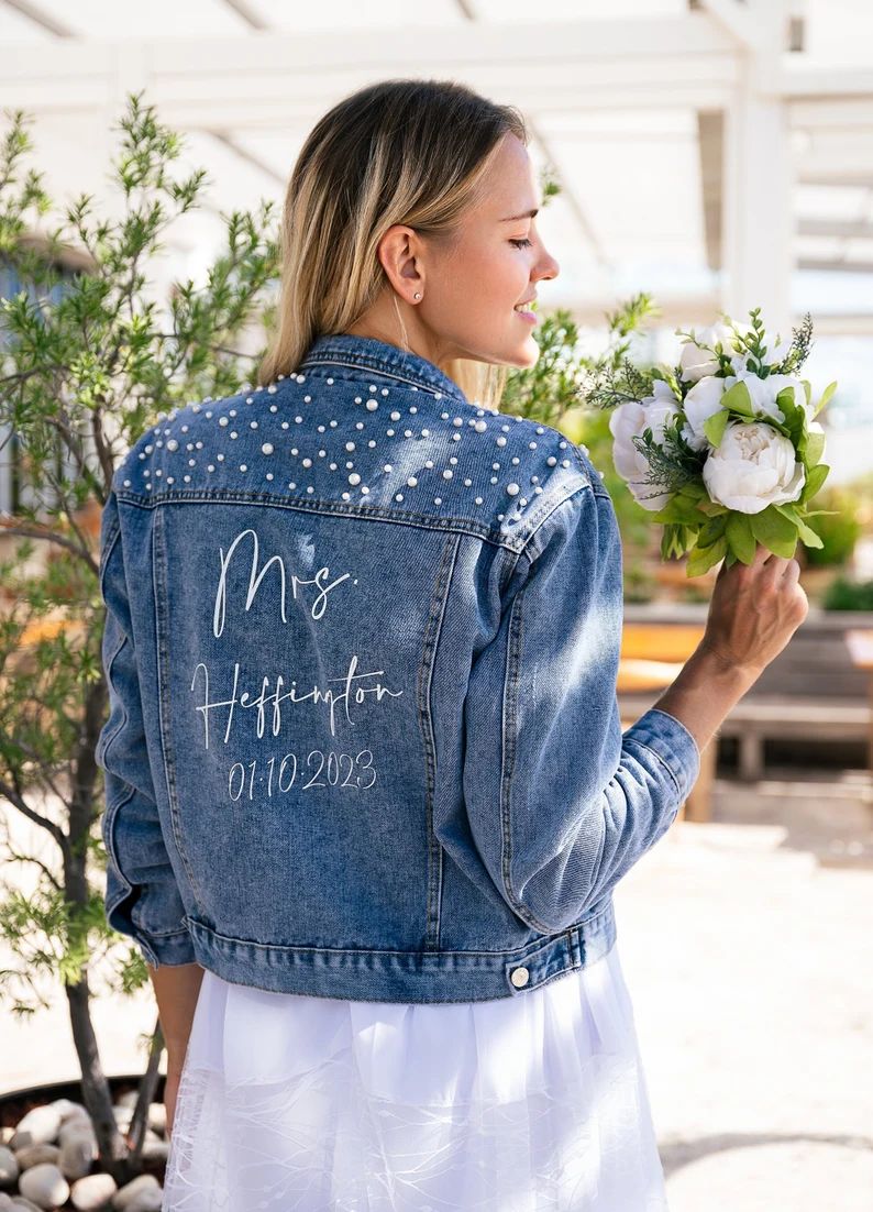 Custom Pearl Denim Jacket Mrs, Customized Jean Jacket, Bridal Party Denim Jacket, Wedding Jacket,... | Etsy (US)