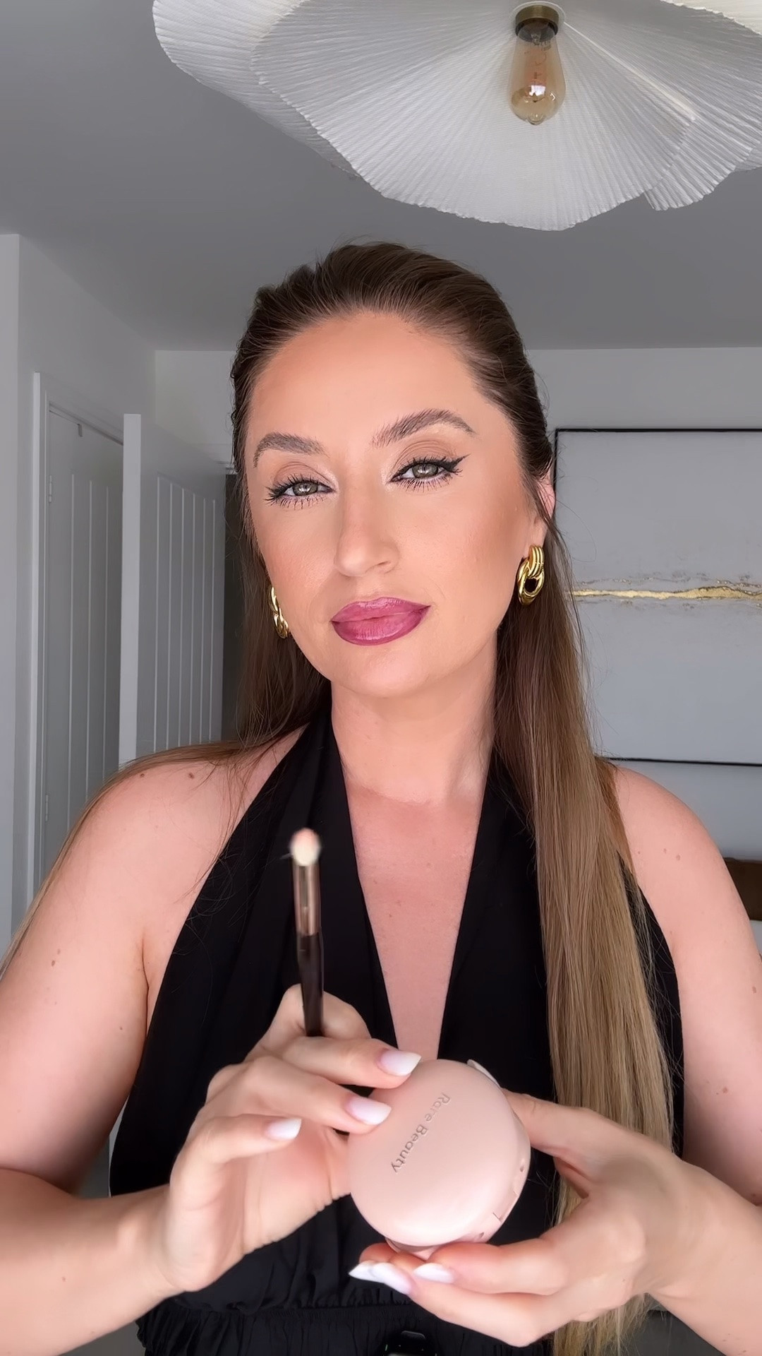 Summer Makeup
Products used:
 @Saie Setting Spray
Rare Beauty highlighter in shade Mesmerize
MCoBeauty lipgloss in shade You-Bae and lip stain in shade Dusty Rose