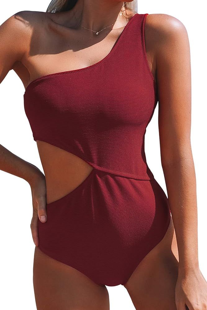 CUPSHE Women's One Piece Swimsuit One Shoulder Cut Out Ribbed Swimwear Bathing Suits | Amazon (US)