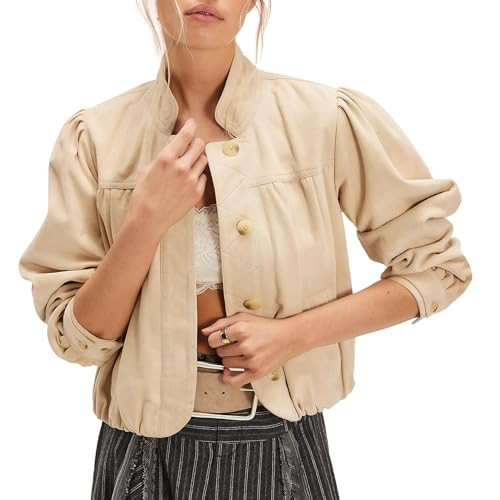 Women Fall Faux Suede Jackets Long Sleeve Banded Collar Bubble Hem Button Down Cropped Coat with Side Pockets | Amazon (US)