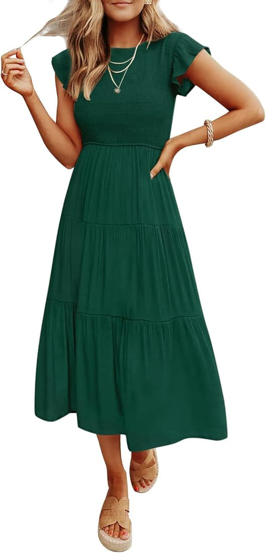 MEROKEETY Women's Flutter Short Sleeve Smocked Midi Dress Summer Casual Tiered A-Line Dress | Amazon (US)