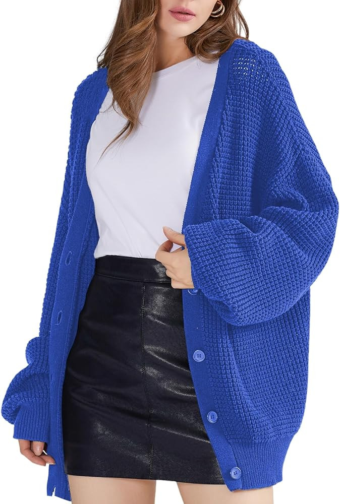 QUALFORT Cardigan Sweaters for Women 100% Cotton Button-Down Long Sleeve Oversized Knit Outerwear | Amazon (US)