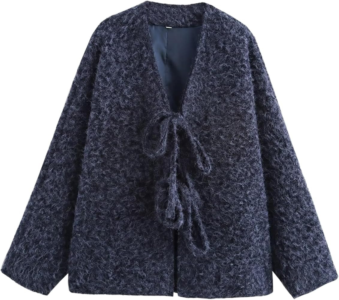 Yimoon Womens Tie Front Fuzzy Jacket Oversized V Neck Bow Fluffy Warm Coat 2024 Fall Loose Long S... | Amazon (US)