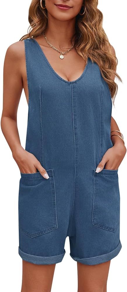 Womens High Roller Shortall Denim Romper Casual Sleeveless Loose Jeans Overalls Shorts Jumpsuits ... | Amazon (US)