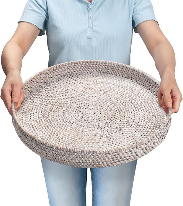 16.9 inch Round Rattan Tray, Woven Large Serving Tray with Handles, Wicker Serving Basket, Coffee... | Amazon (US)