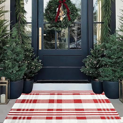 Christmas Door Mat Outdoor 27.5” x 43” Red and White Plaid Rug Christmas Decor Rug Cotton Han... | Amazon (US)