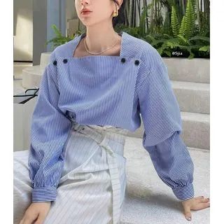 Long-Sleeve Square-Neck Striped Blouse Blue - One Size | YesStyle Global