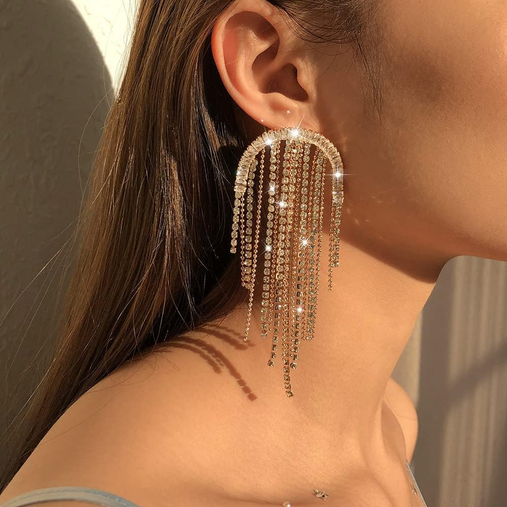 Rhinestone Tassel Earrings Boho Big Rhinestone Dangle Earrings Crystal Long Chain Drop Earrings F... | Amazon (US)