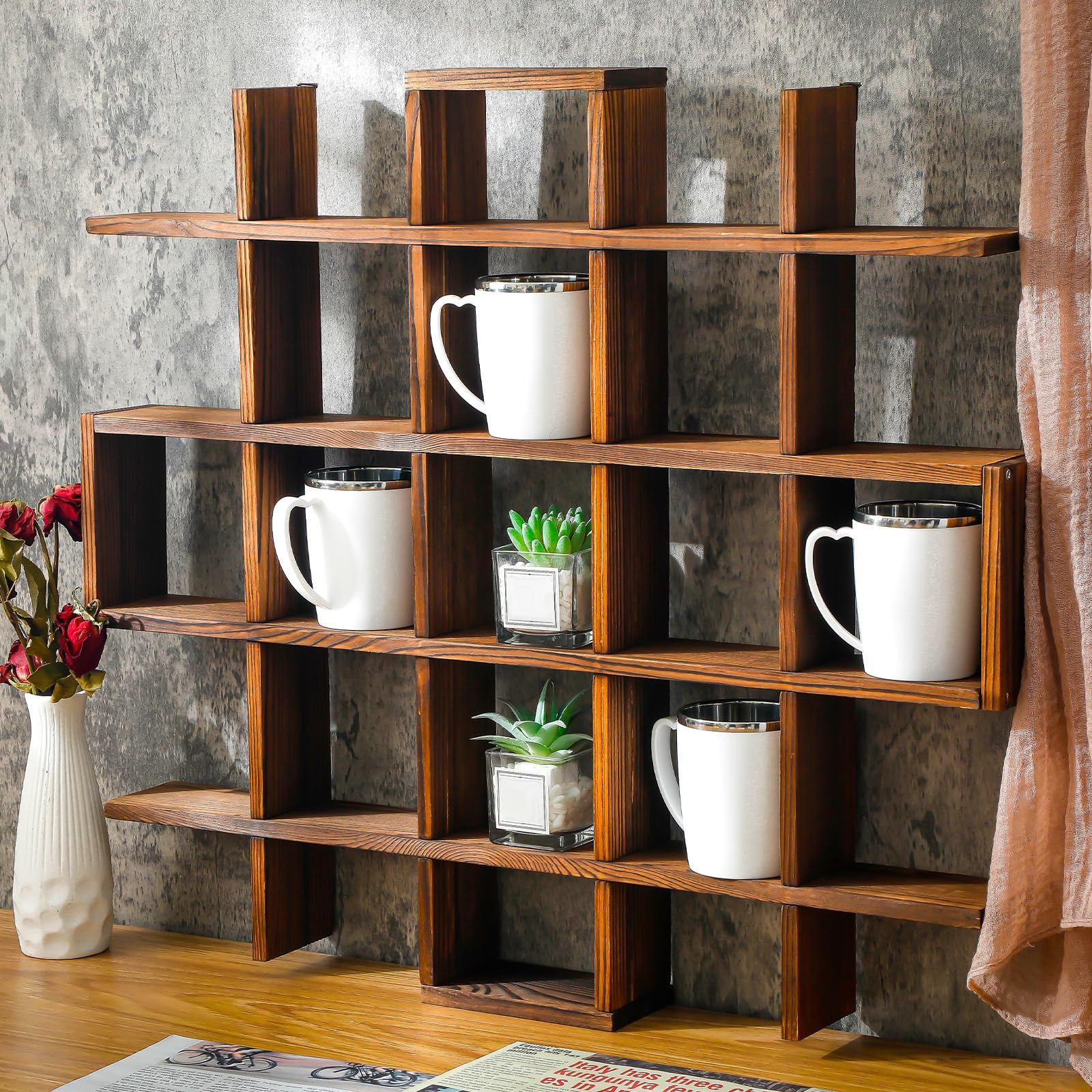 Suzile Oversize Coffee Mug Display Rack Wooden Display Shelves Rustic Wooden Floating Curio Shelf... | Amazon (UK)