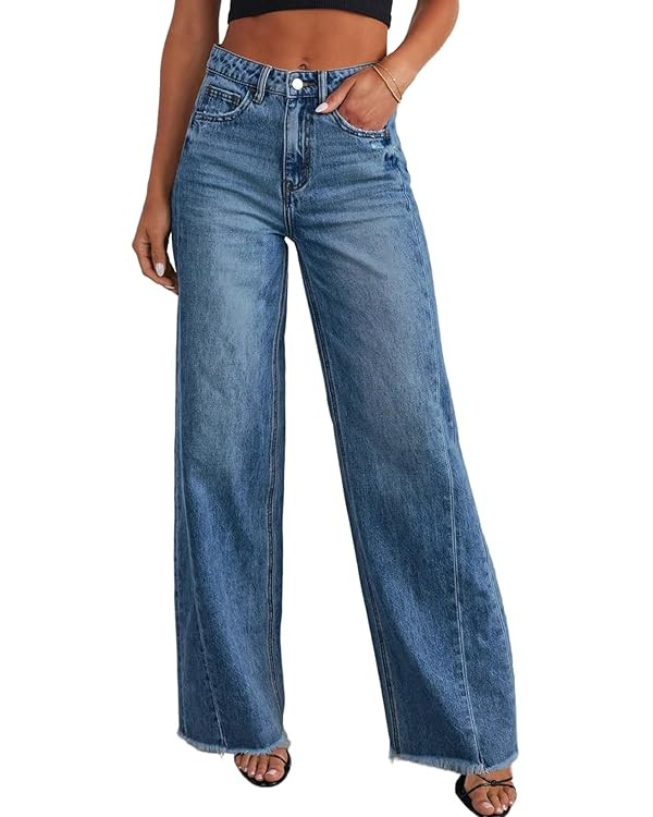 Sidefeel Women's Wide Leg Jeans High Waisted Strechy Raw Hem Zimbaplatinum Denim Pants | Amazon (US)