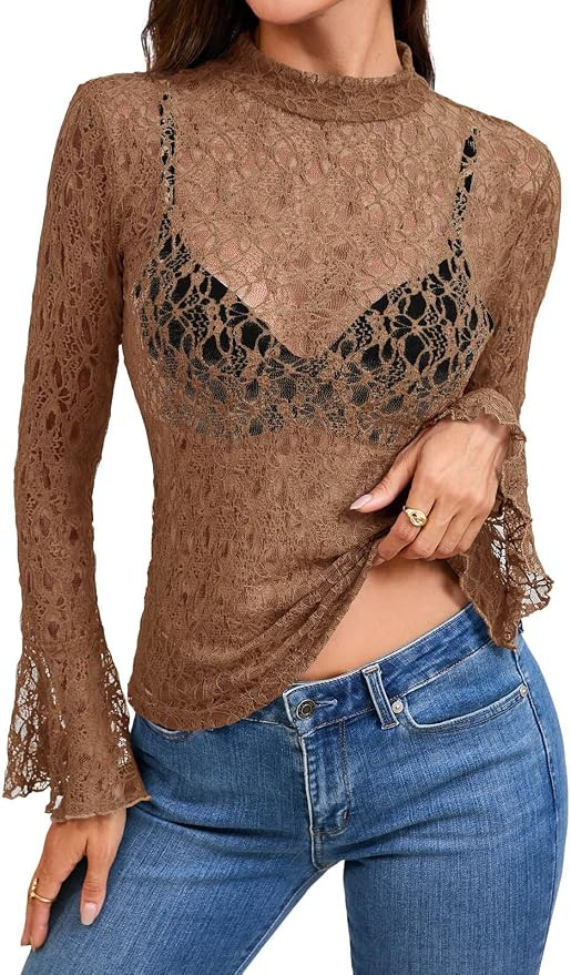 Tankaneo Womens Lace Mesh Tops Bell Long Sleeve Mock Neck Sheer Blouses Sexy See Through Slim Fit... | Amazon (US)