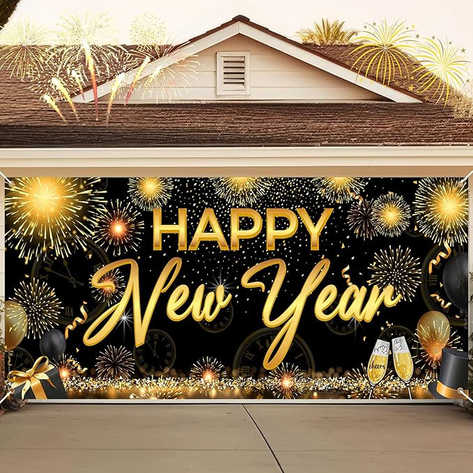 2026 Happy New Year Double Garage Door Decorations 7 x 16 Ft Black and Gold New Year Garage Door ... | Amazon (US)