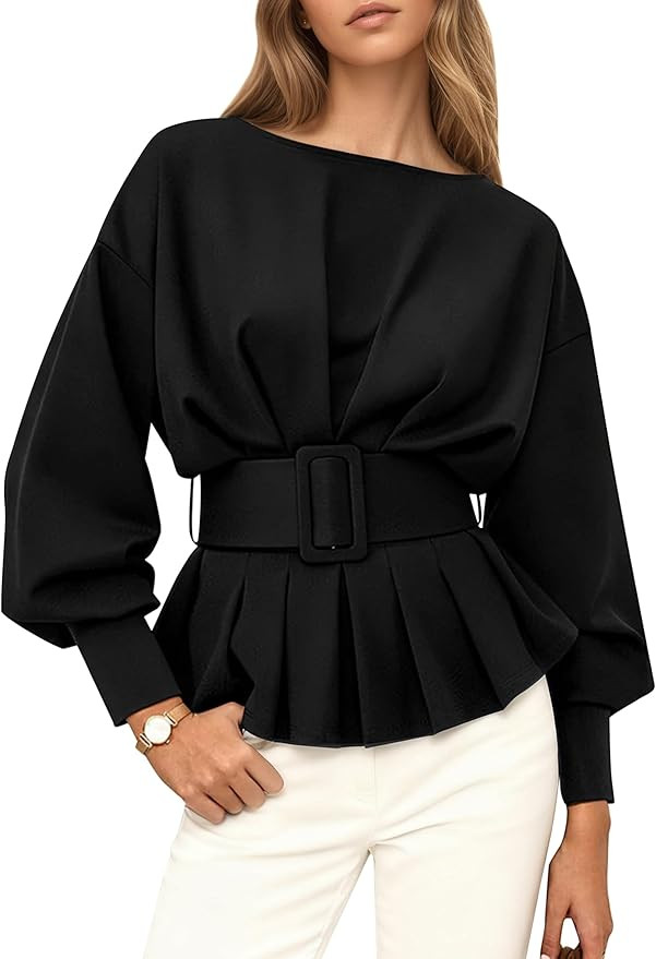 MISSACTIVER Long Sleeve Peplum Tops for Women Boat Neck Ruffle Cropped Sweatshirt with Belt Fall ... | Amazon (US)