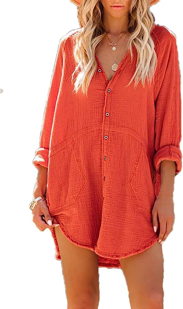Paintcolors Women's Long Sleeve Cotton Button Down Tunic Dresses with Pockets Solid Color Oversized  | Amazon (US)
