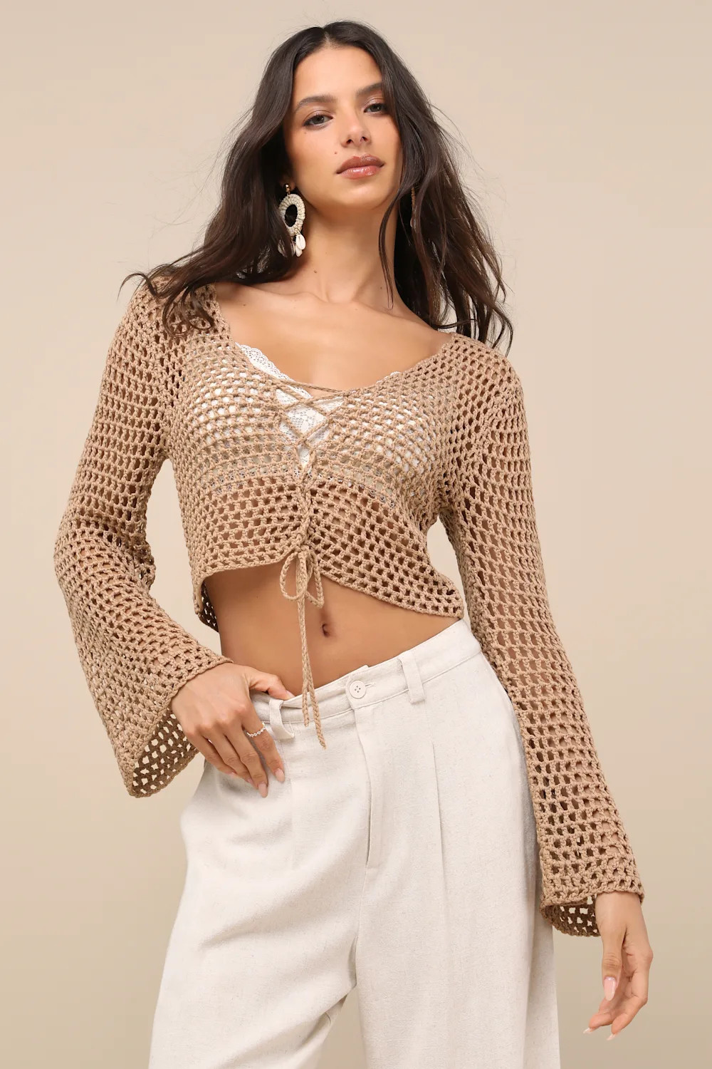 Saray Taupe Loose Crochet Knit Lace-Up Sweater Crop Top | Lulus