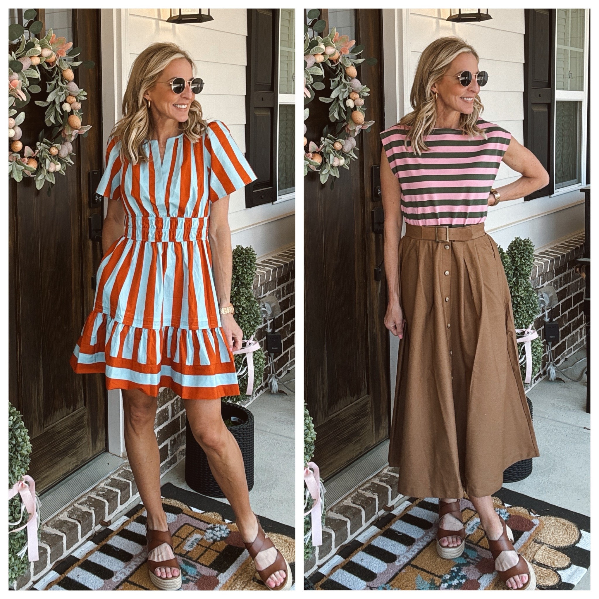 Sometimes you just have to get in, girl… because I was completely influenced by a sweet friend and honestly, I’m not even mad about it. 

This Anthropologie striped twofer dress immediately caught my eye with the structured striped top paired with that flattering belted brown midi skirt. It’s one of those effortless one-and-done pieces that looks styled without even trying and feels perfect for spring events, work, or dressing up different ways. Then while I was browsing, I grabbed the blue and orange smocked summer dress because it  just screamed Auburn days, warm weather, and easy throw-on styling.
