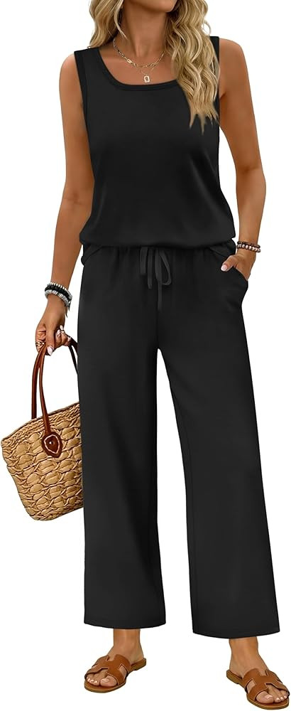 WIHOLL Two Piece Sets for Women Summer Spring Outfits Tank Square Neck Sleeveless Travel Vacation... | Amazon (US)