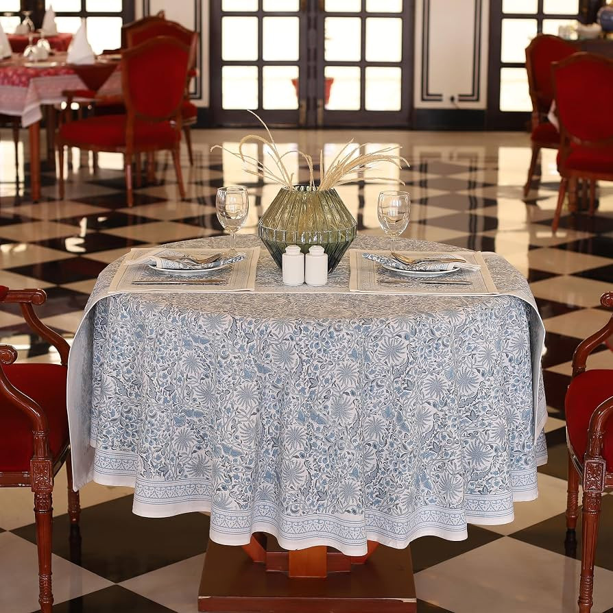 Labhanshi Blue Block Print Round Tablecloth, 60 in, 4-Seater | Amazon (US)