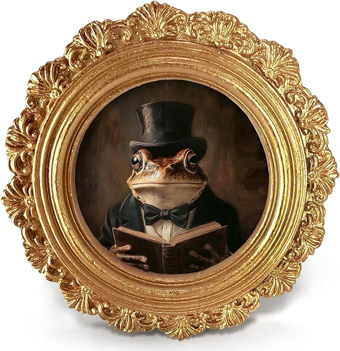 Frog Read Small Round Picture Frame 4in, Funny Whimsical Mini Gold Photo Frame for TableTop Wall ... | Amazon (US)