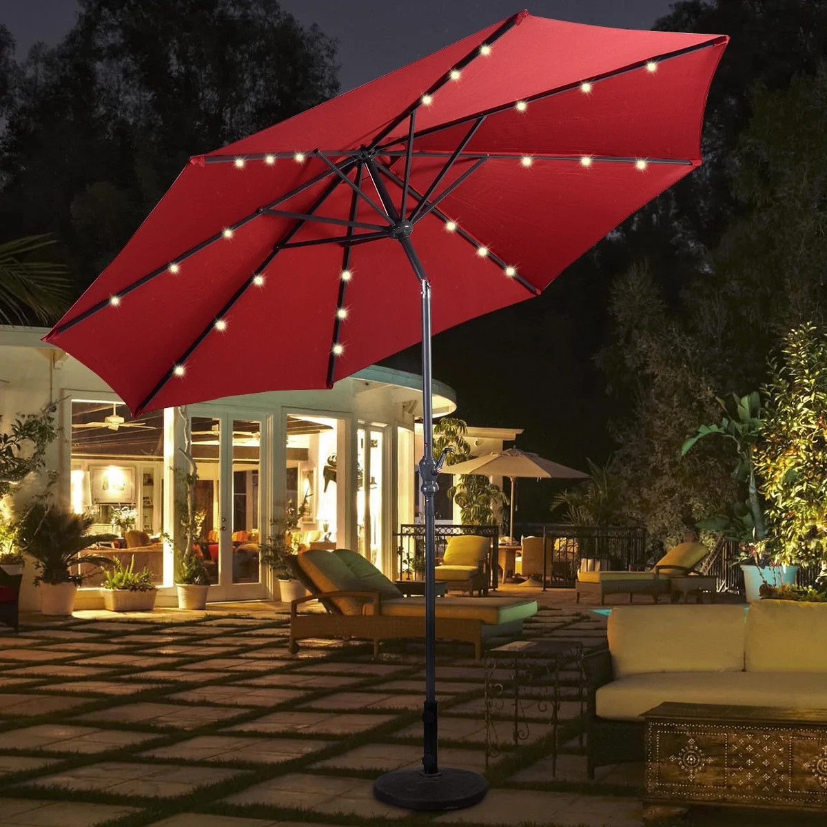 Costway 10ft Patio Solar Umbrella LED Patio Market Steel Tilt W/ Crank (Burgundy) | Walmart (US)