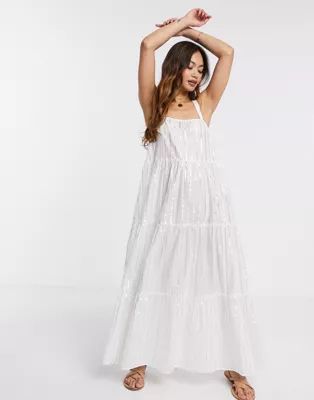 ASOS DESIGN tiered maxi dress in metallic stripe in white | ASOS (Global)