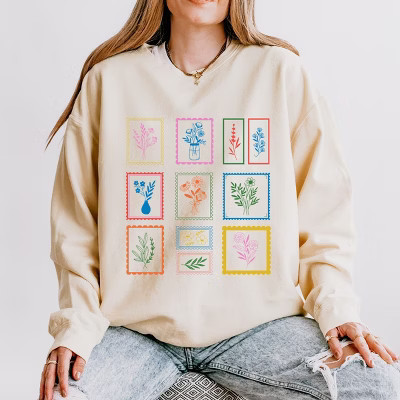 Simply Sage Market Floral Stamps Lightweight Garment Dyed Sweatshirt - S - Ivory | Target